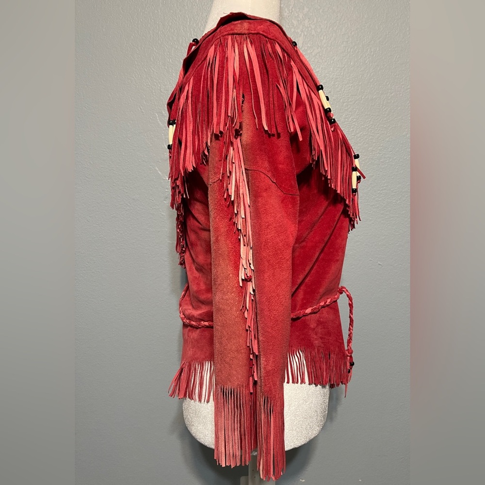 Ren Ellis Red Suede Fringe Western Top Beaded Cowgirl Southwestern Small - Flaws - Picture 5 of 11